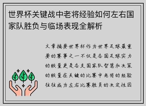 世界杯关键战中老将经验如何左右国家队胜负与临场表现全解析
